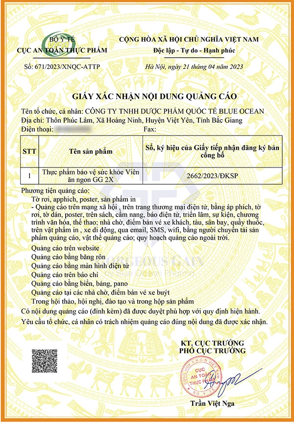 Xác nhận quảng cáo GG 2X